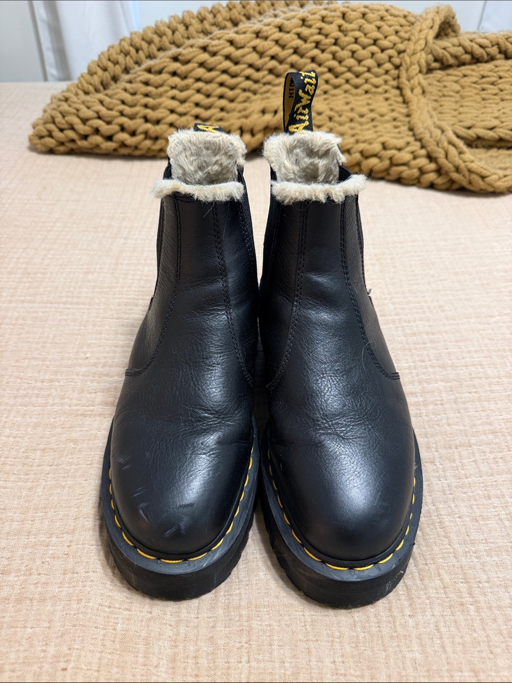 Dr. Martens Black Leather Chelsea Ankle Boots with Tan Faux Fur Collar